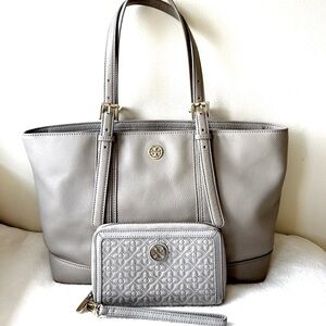 TORY BURCH Pebble Landon Tote and Bryant Quilted Wristlet Set, French Gray